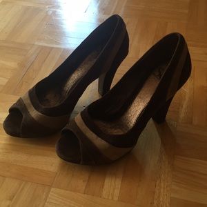 Brown suede peep toe heels