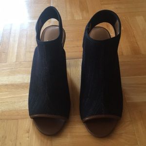 Denim slip on peep toe booties