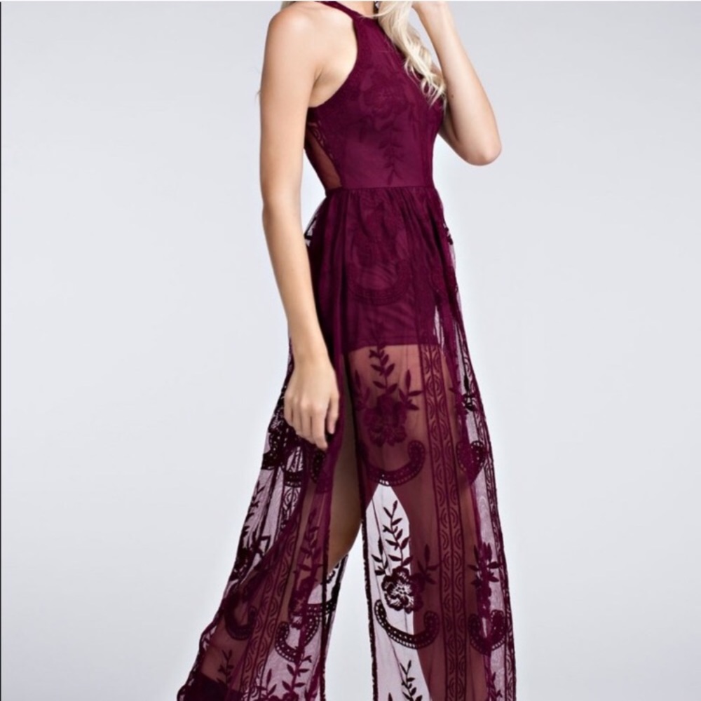 Honey Punch Sheer Halter Maxi Dress in Wine - Picture 4 of 7