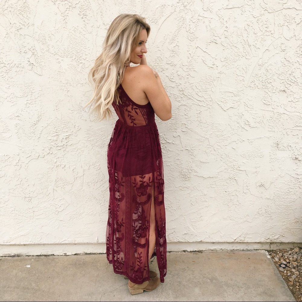 Honey Punch Sheer Halter Maxi Dress in Wine - Picture 2 of 7