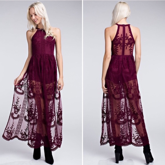Honey Punch Sheer Halter Maxi Dress in Wine - Picture 3 of 7