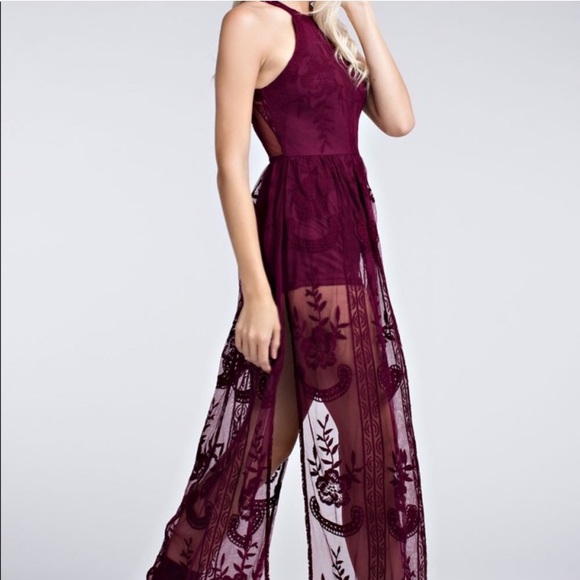 Honey Punch Sheer Halter Maxi Dress in Wine - Picture 4 of 7