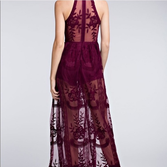 Honey Punch Sheer Halter Maxi Dress in Wine - Picture 5 of 7