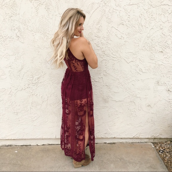 Honey Punch Sheer Halter Maxi Dress in Wine - Picture 2 of 7