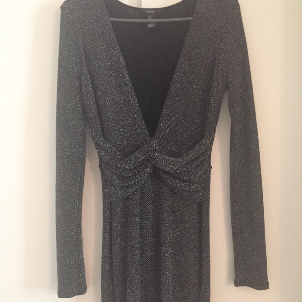 Sexy Silver Metallic Deep V-neck Long Sleeve Dress
