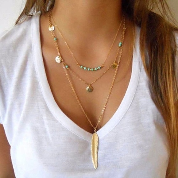 Jewelry - 🔥Boho Gold and Turquoise Layered Feather Necklace