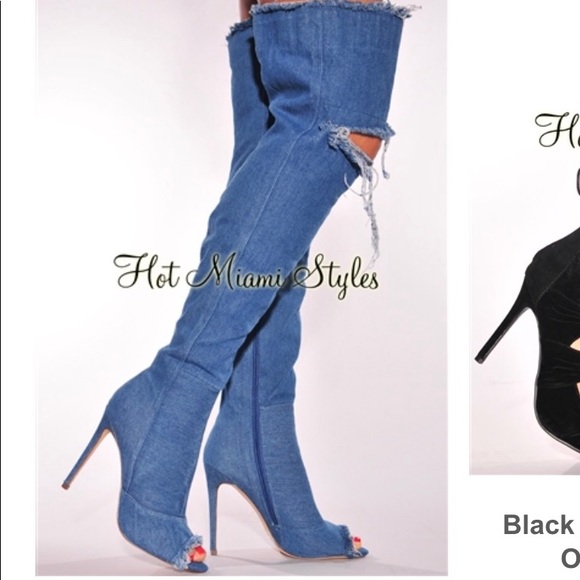 HotMiamiStyle Medium Denim Knee High Boots - Picture 1 of 3