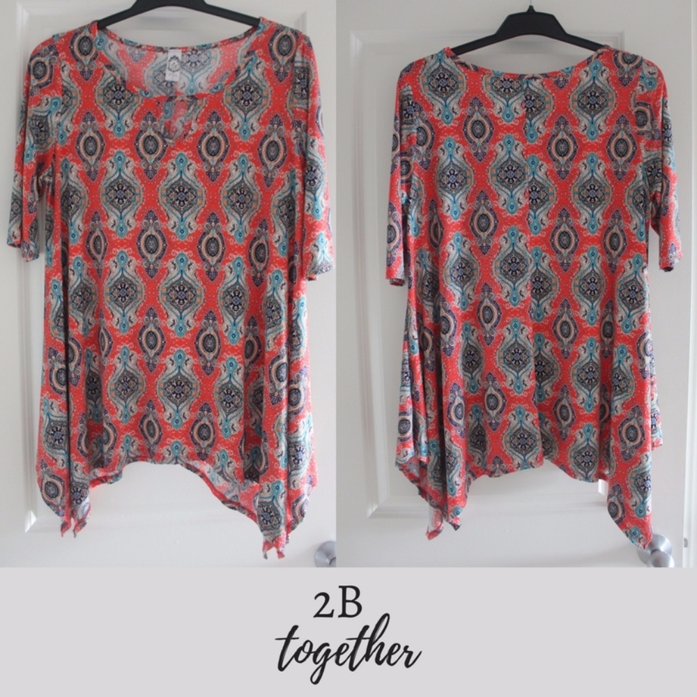 PLUS SIZE 2X LONG ASYM CORAL TEAL TUNIC TOP BLOUSE