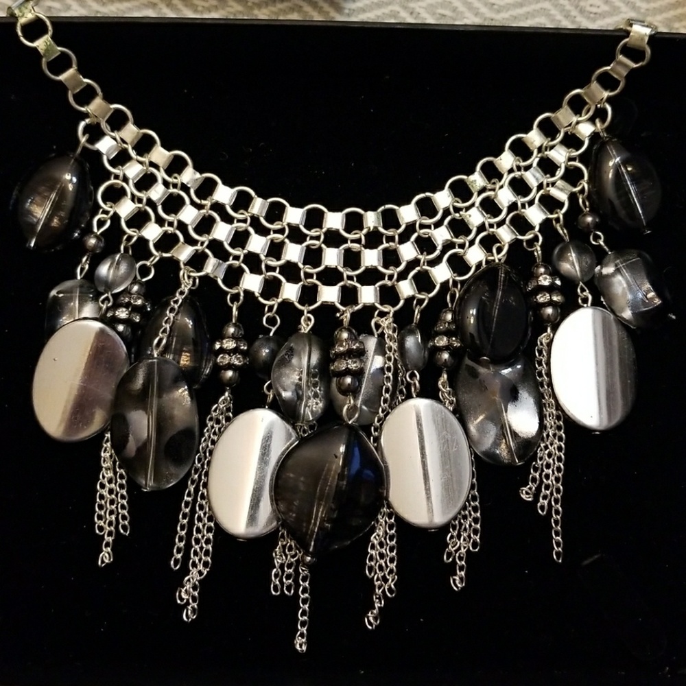 Silver and Black Oval Bib Necklace