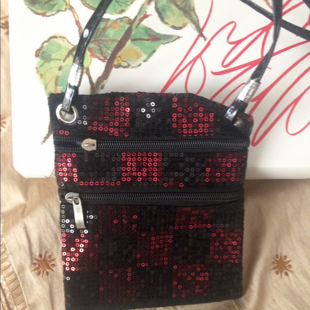 Black & red sequined cross body bag