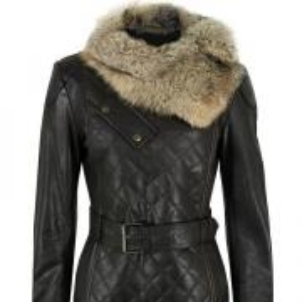 Ladies Lamb Leather Quilted Fur Collar Jacket
