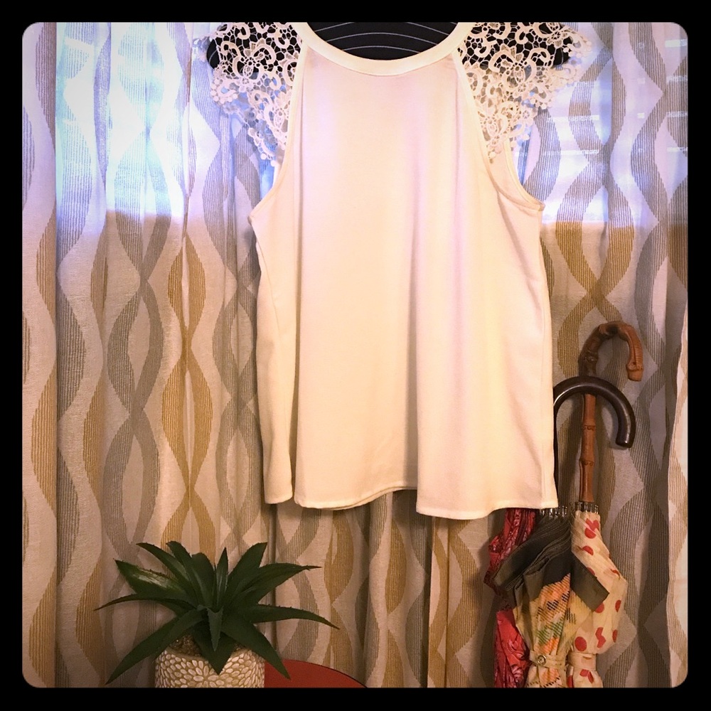 High Collared White Tank with Lace Shoulders