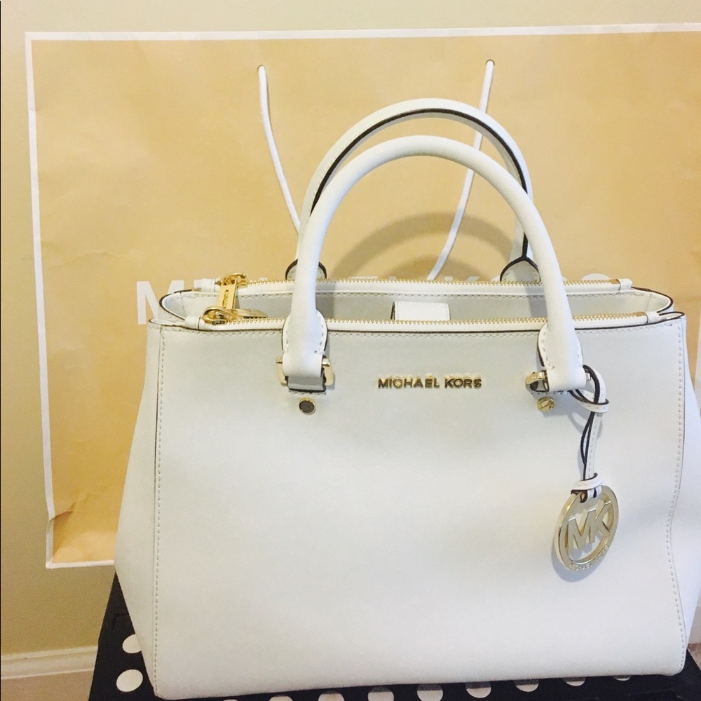 SOLD: White MK Sutton Double Zip Shoulder Bag