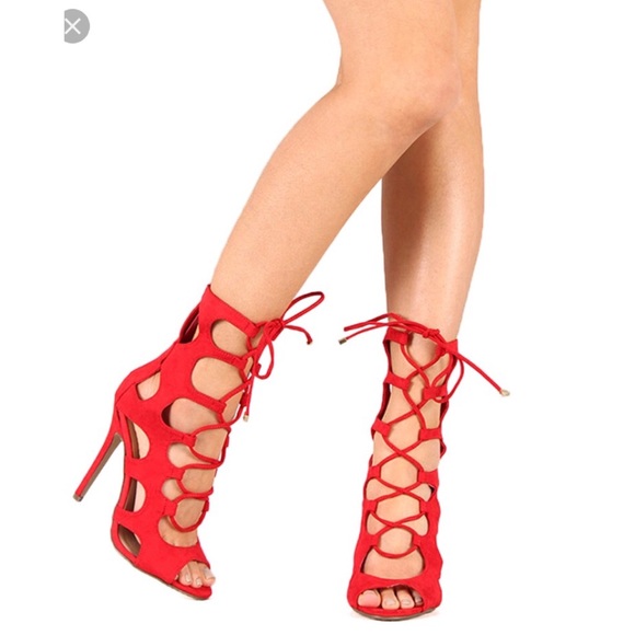 Red Lace-up Heels - Picture 1 of 6