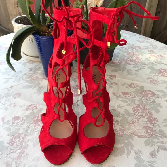 Red Lace-up Heels - Picture 3 of 6
