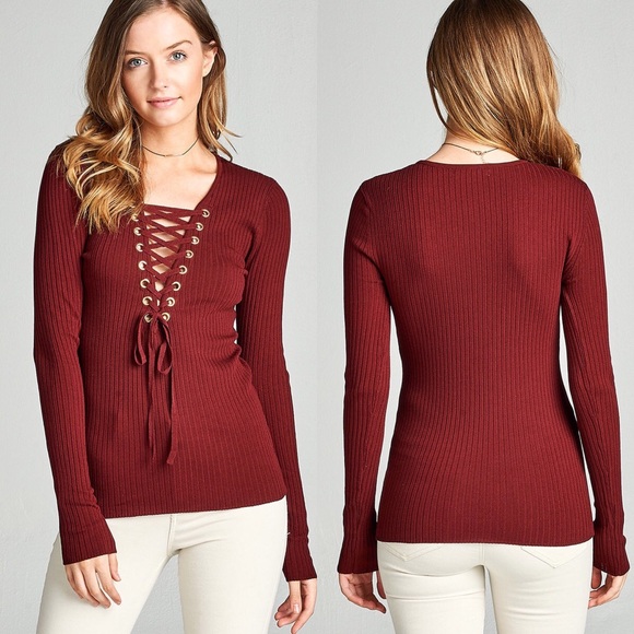 Burgundy Long Sleeve Plunge V-Neck Lace Up Sweater - Picture 2 of 2