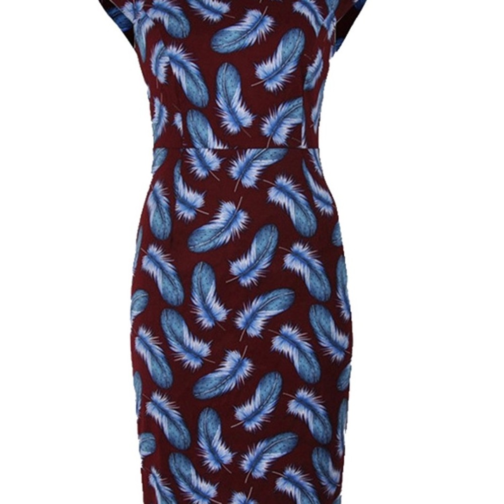 Burgundy background with blue feathers dress. - Picture 4 of 5