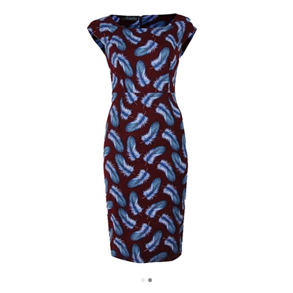 Burgundy background with blue feathers dress. - Picture 3 of 5