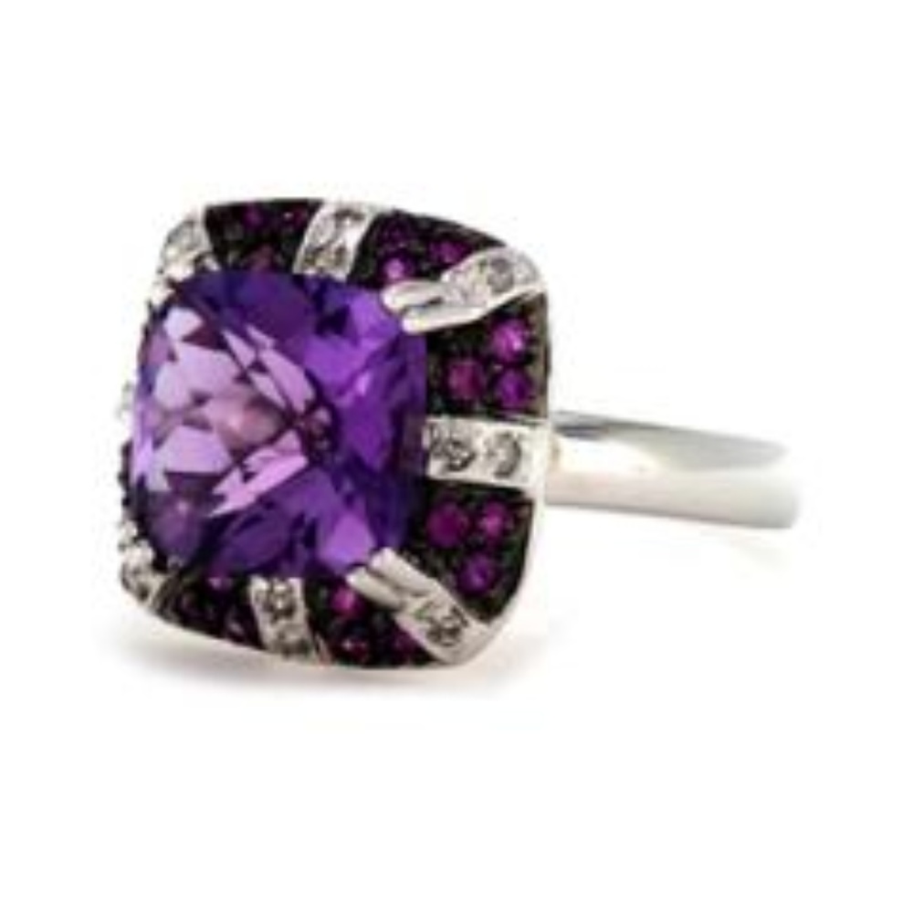 14k White Gold Amethyst Diamond Pink Sapphire Ring