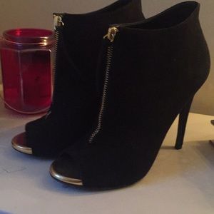 Black velvet and gold peep toe heels