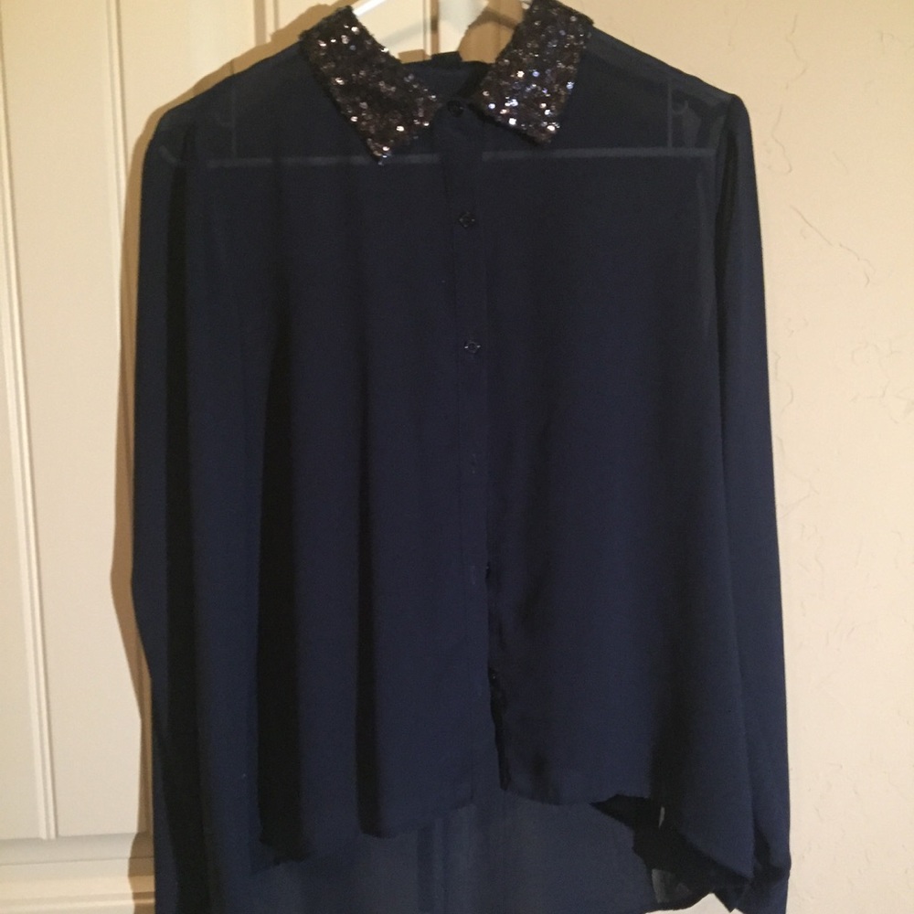 Sheer Navy Blue Collar Blouse M