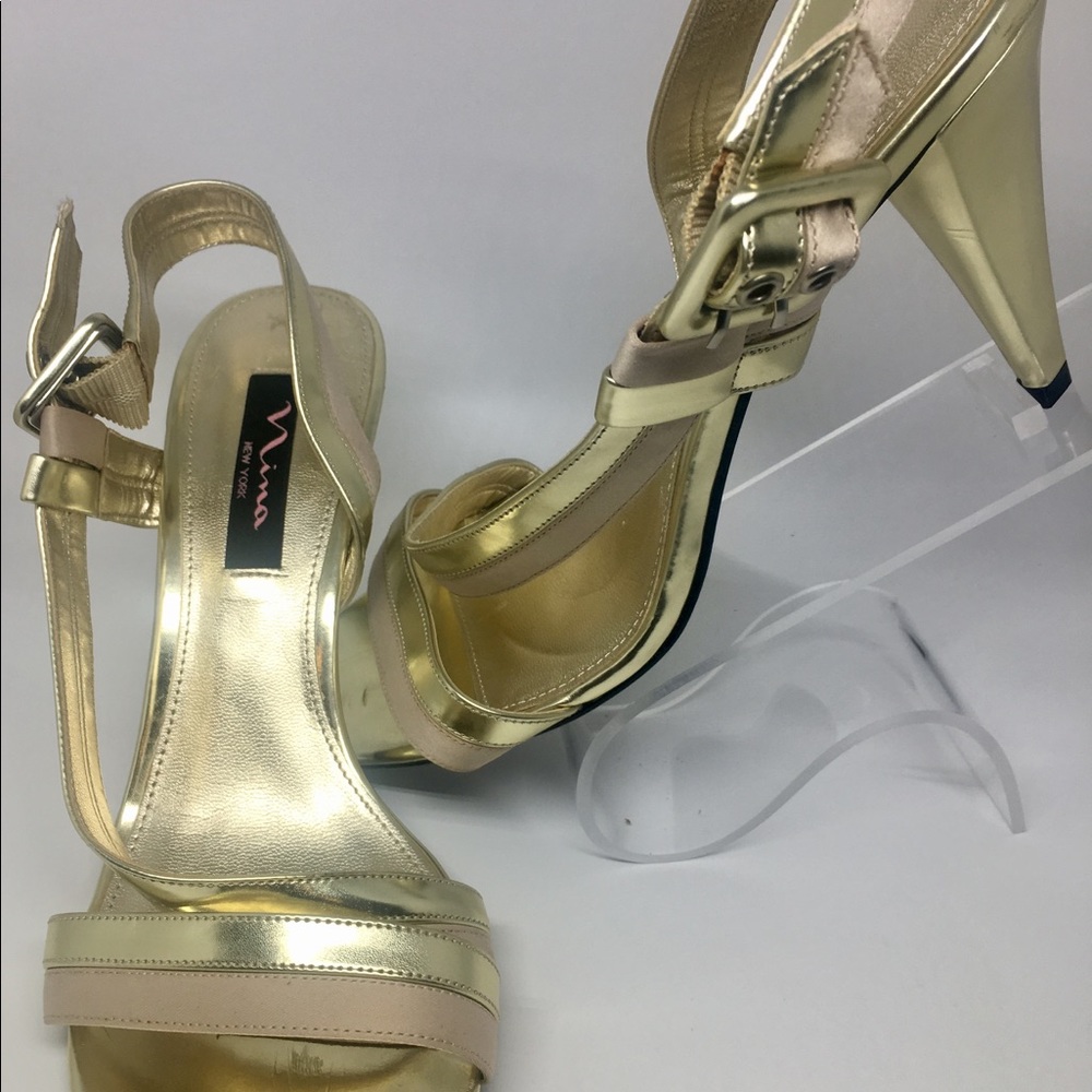 Nina metallic gold ankle strap heels.