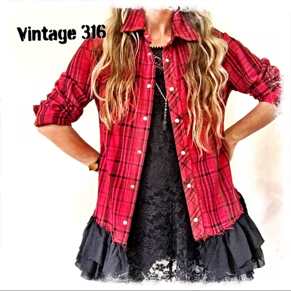 Altered•Upcycled Red Plaid Flannel with Ruffles - Picture 2 of 7