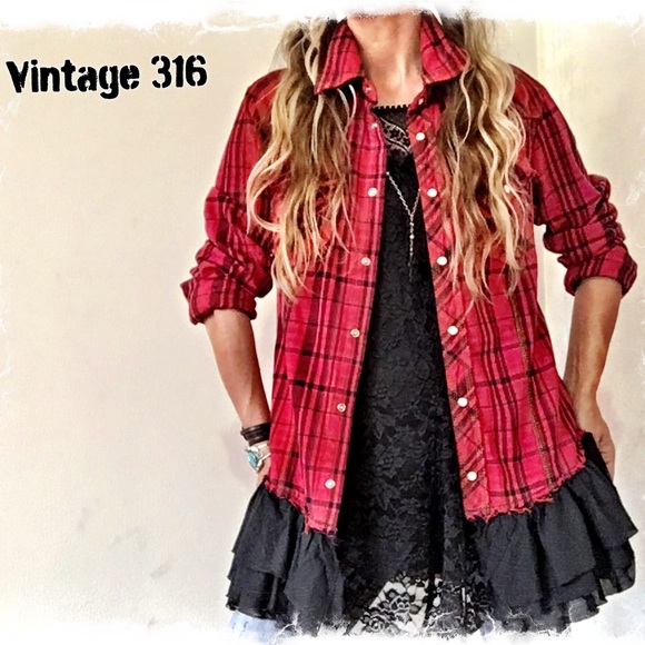 Altered•Upcycled Red Plaid Flannel with Ruffles - Picture 7 of 7