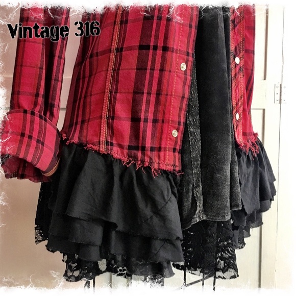 Altered•Upcycled Red Plaid Flannel with Ruffles - Picture 4 of 7