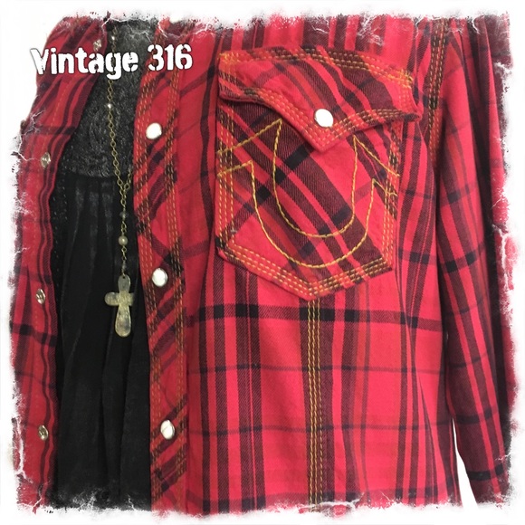 Altered•Upcycled Red Plaid Flannel with Ruffles - Picture 3 of 7