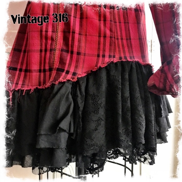 Altered•Upcycled Red Plaid Flannel with Ruffles - Picture 5 of 7