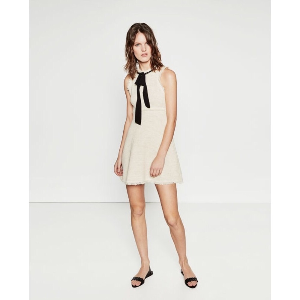 ZARA CREAM TWEED BOW DRESS WITH LAYERED SKIRT