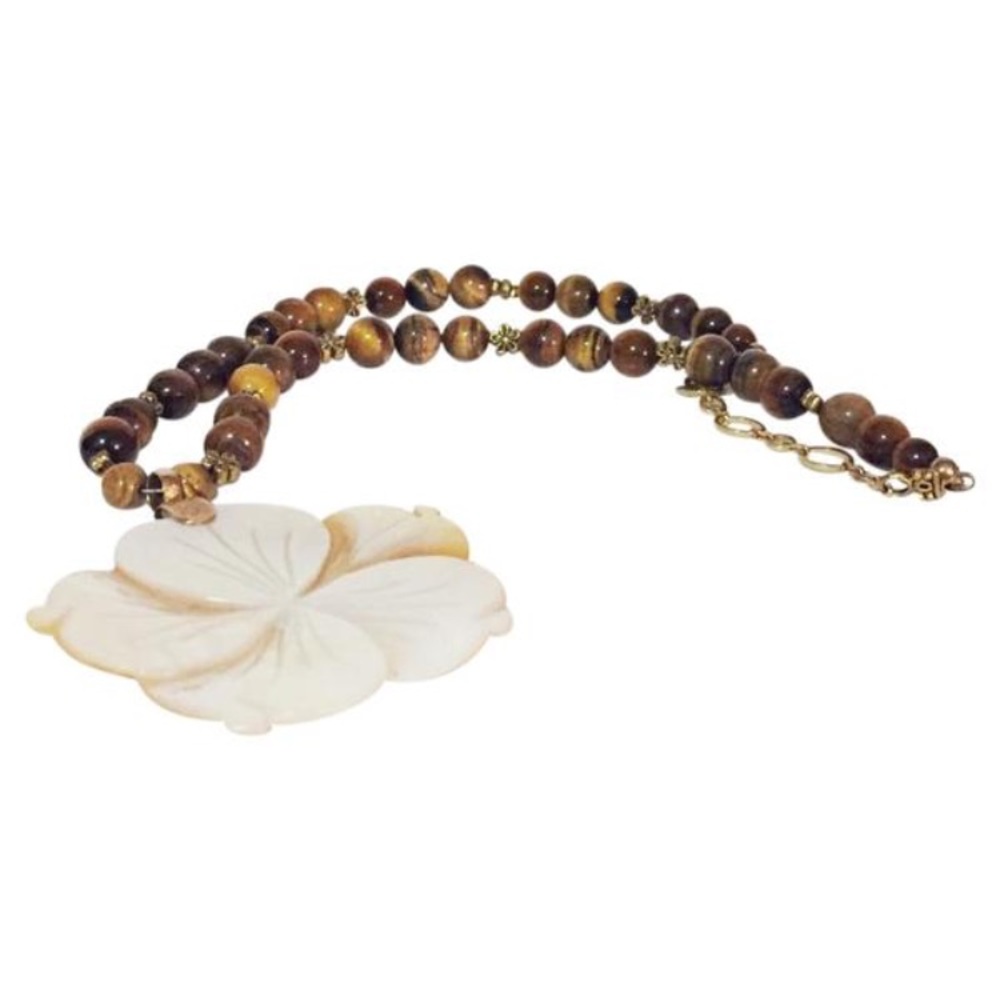 Floral MOP vintage sterling tigers eye necklace