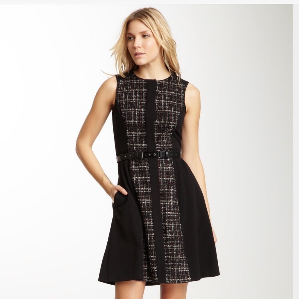 Vince Camuto Sleeveless Belted Tweed Combo Dress