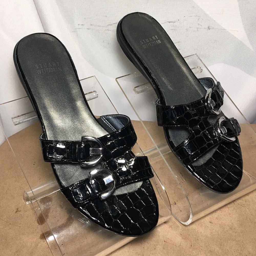 Stuart Weitzman patent croc embossed sandals