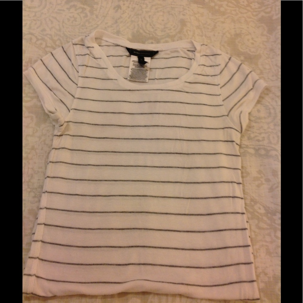 BCBG long striped t-shirt, white with gray stripes
