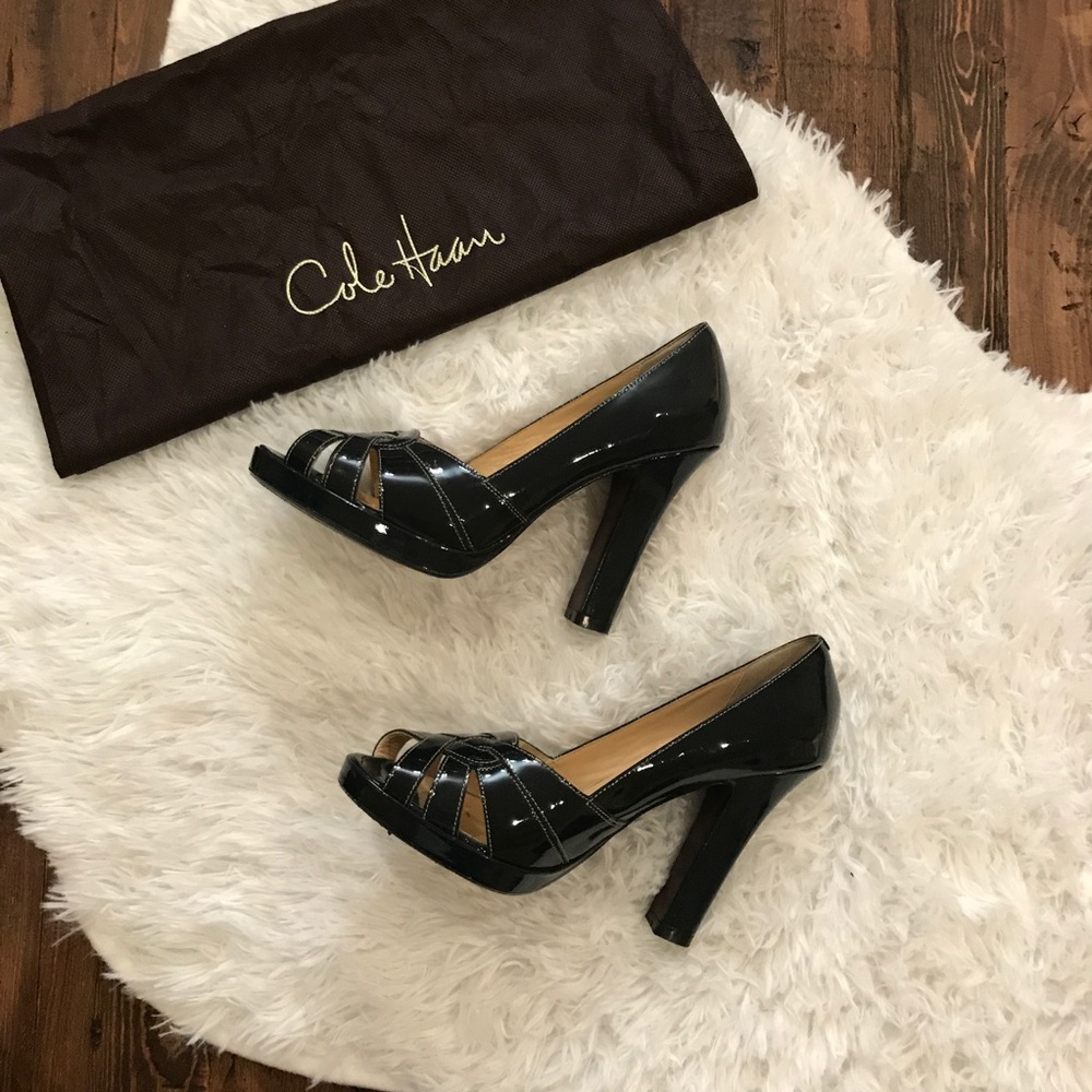 Cole Haan dark blue peep toe block heel