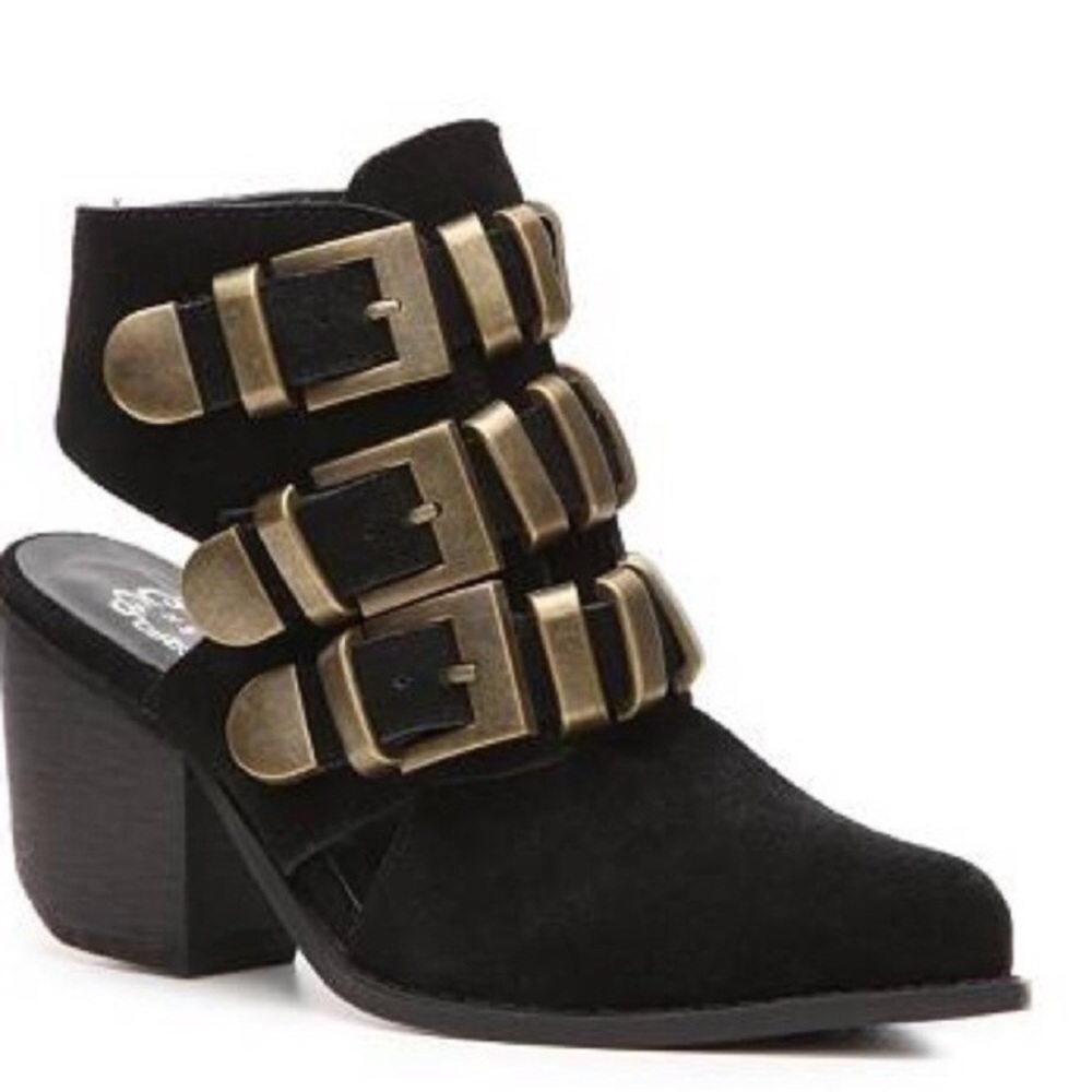Gold buckle embellished cutout bootie