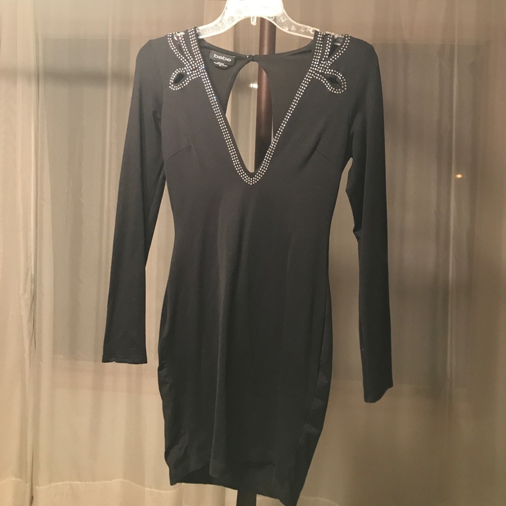 Bebe black rhinestone trimmed mini dress sz S