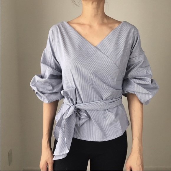 LAST 1 ! PUFFED SLEEVE SURPLICE WAIST TIE TOP- BLU - Picture 3 of 4