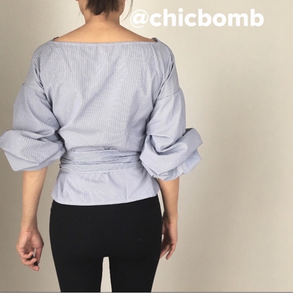 LAST 1 ! PUFFED SLEEVE SURPLICE WAIST TIE TOP- BLU - Picture 4 of 4