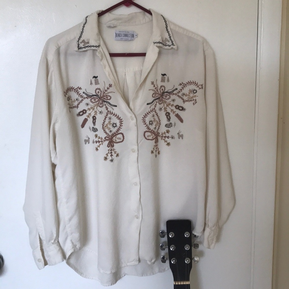Cream color embroidered button up blouse