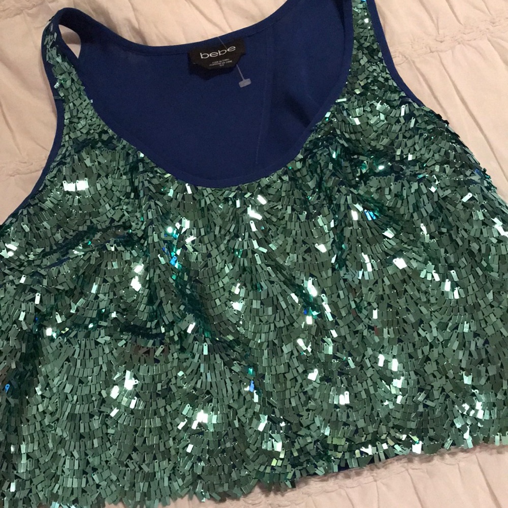 Bebe sequin crop tip mermaid green and blue S new - Picture 3 of 5