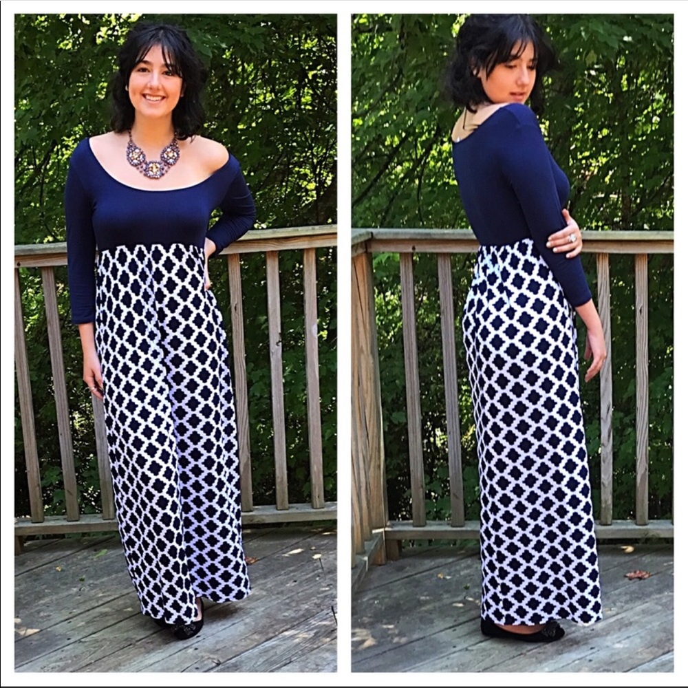 3/4 sleeve chic print maxi dress