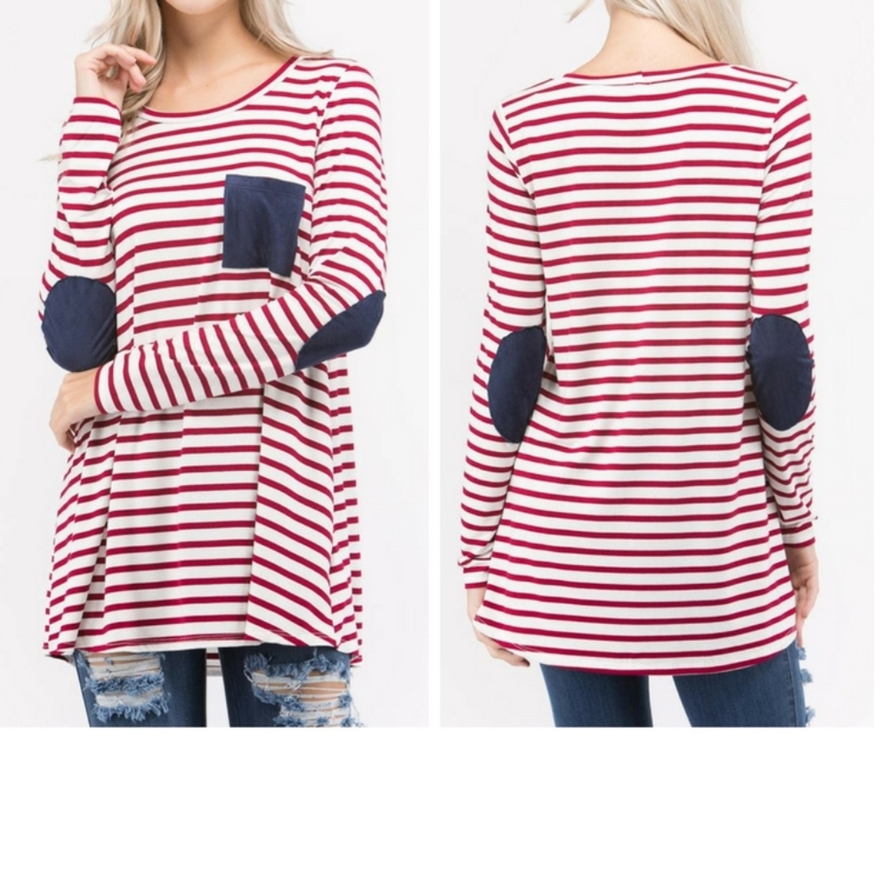 Red Striped -Elbow Patch Top - Picture 1 of 3