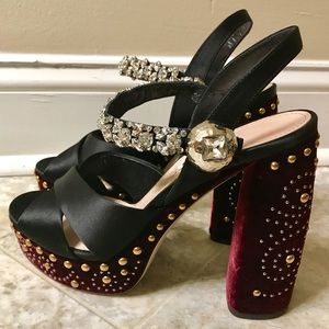 Miu Miu - Burgundy Velvet Jeweled Platform Sandal