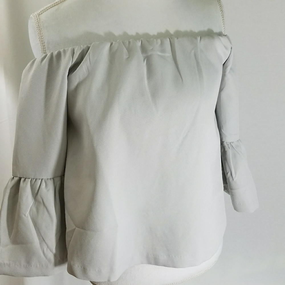 Grey Shirt Bell Sleeves Off The Shoulder Sz Large - Picture 5 of 8