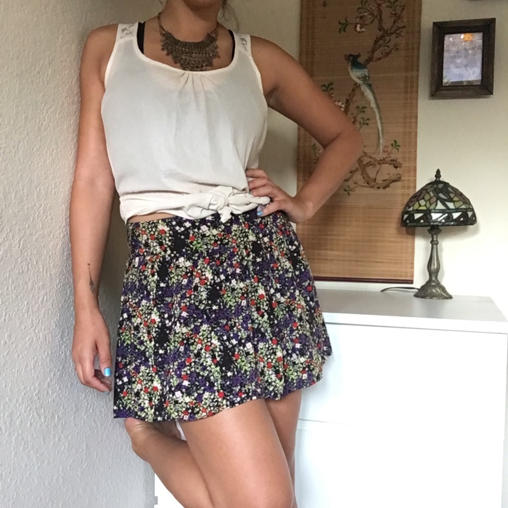 Bebe Floral Print Mini Skirt Black, Purple, Red