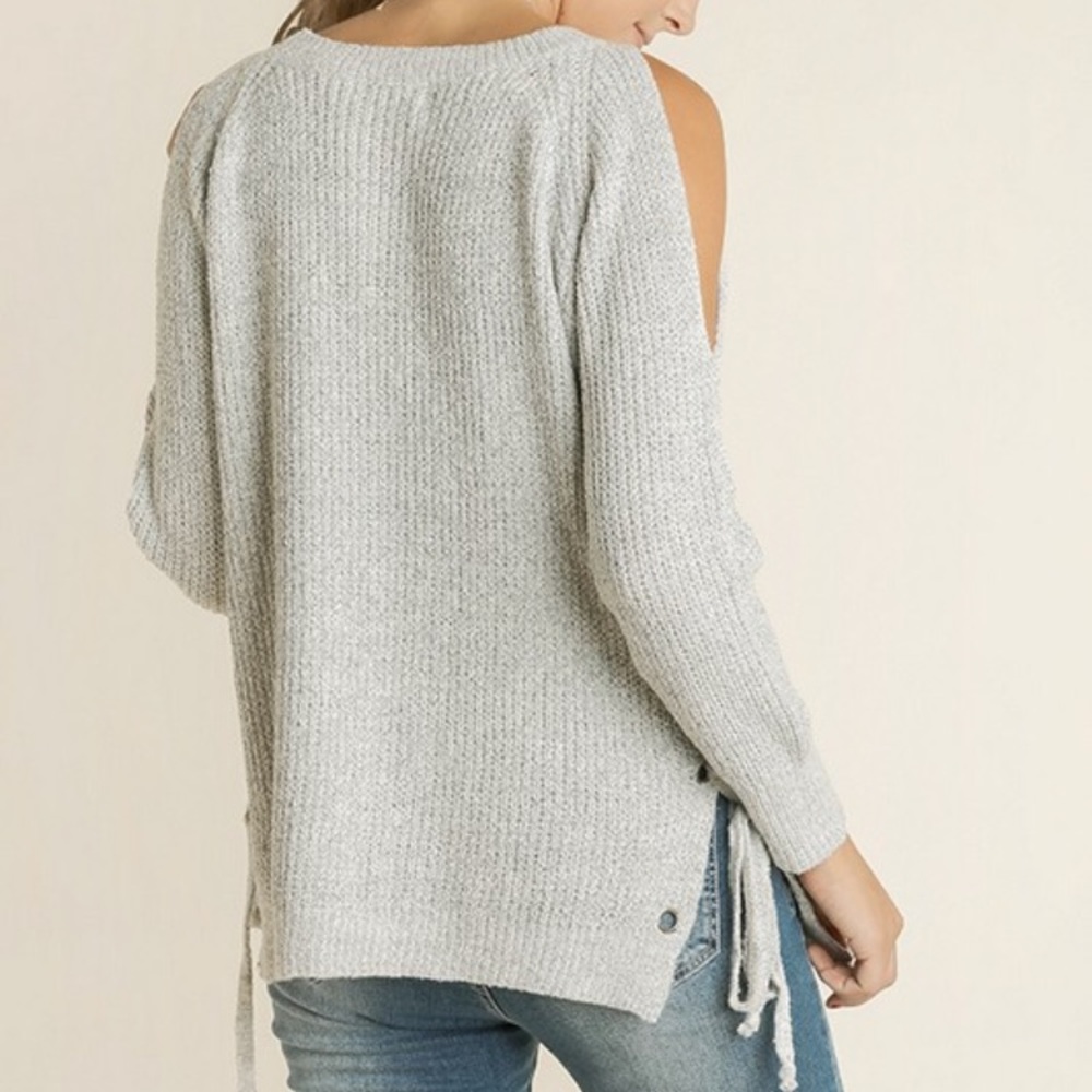 1S•1L Cold Shoulder Sweater With Tie Accent - Picture 4 of 4
