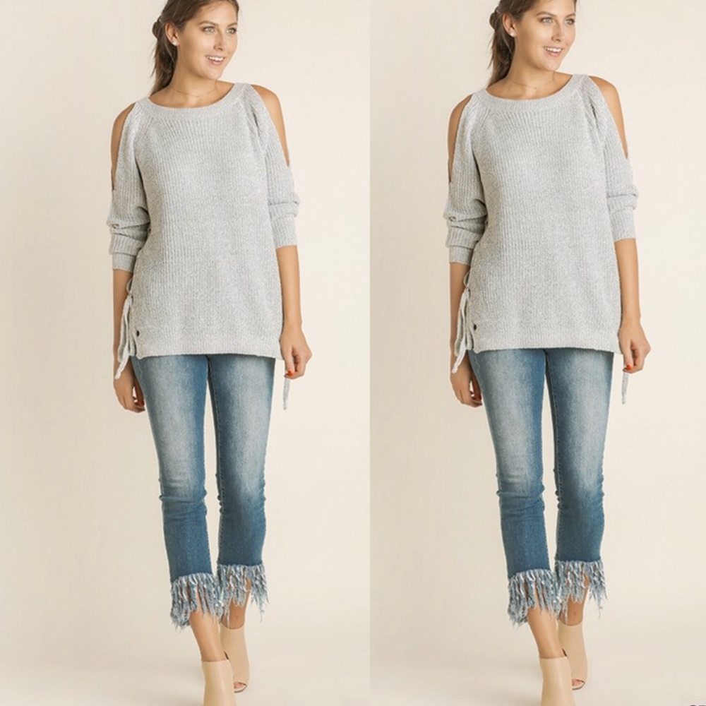 1S•1L Cold Shoulder Sweater With Tie Accent - Picture 2 of 4